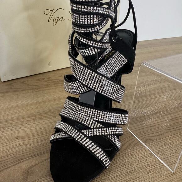 Vigo Fiore Womens Black Sparkle Strappy Formal Heels New in Box Size 6.5 - Picture 6 of 14